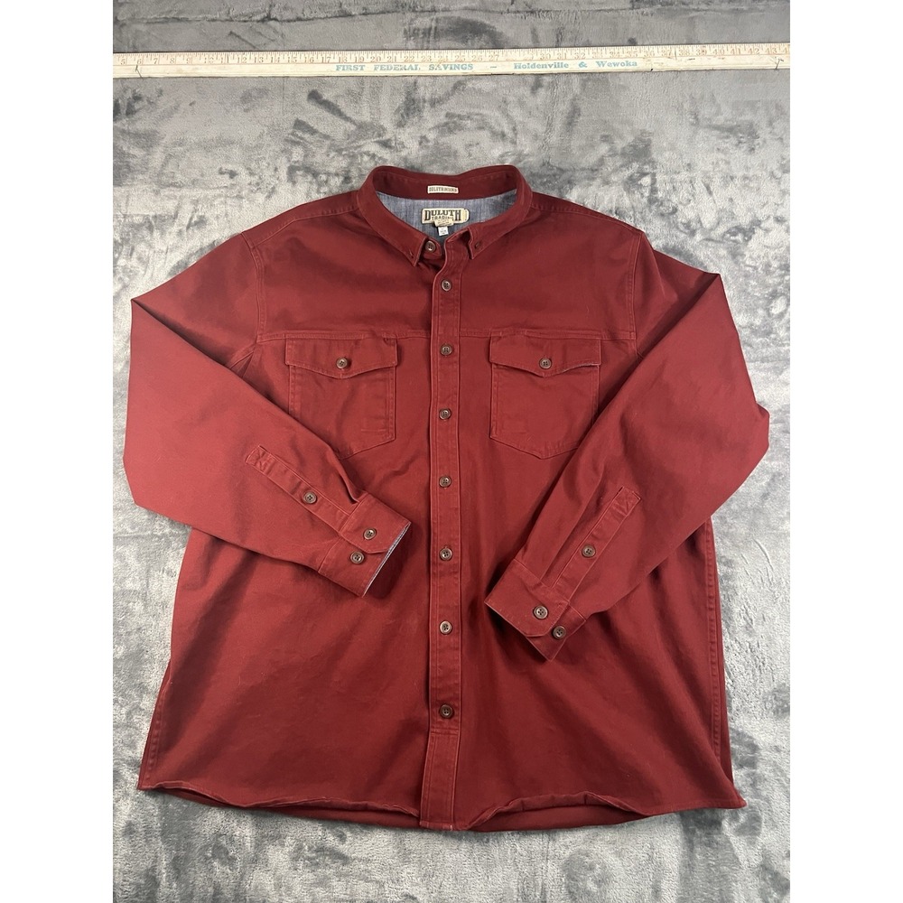 Duluth Trading Co Untucked Shirt Men 2XLT Dark Red Long Sleeve Button Up Heavy